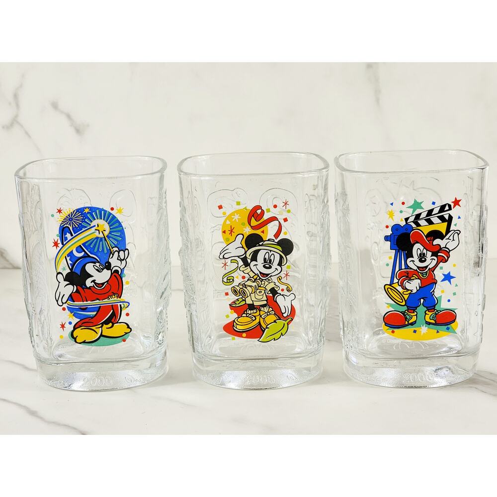 Walt Disney Clear Drinking Glass 4 1/2" Mickey Mouse 2000 Animal Kingdom x3 Vtg